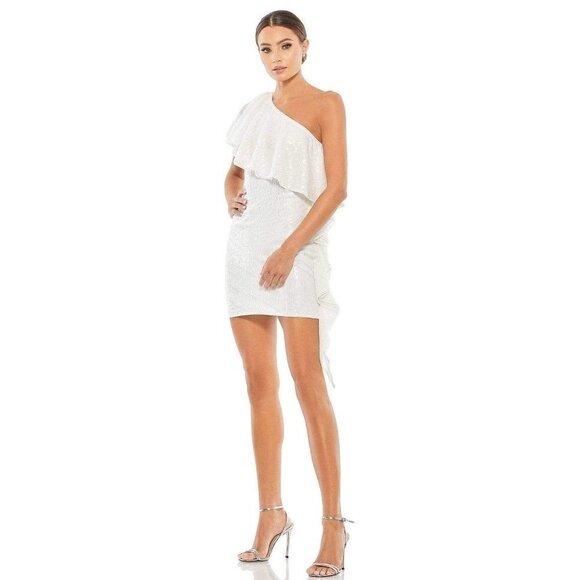 Mac Duggal Ruffle One Shoulder Sequin Mini Cocktail Dress White Womens 4 - Picture 1 of 11